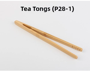 Detailed top view of straight bamboo tea tongs with natural wood grain on white background