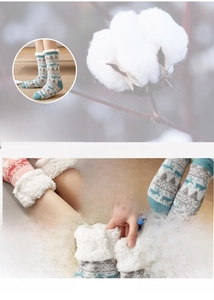 Detail of thickened sherpa lining and anti-slip silicone grippers on thermal floor socks