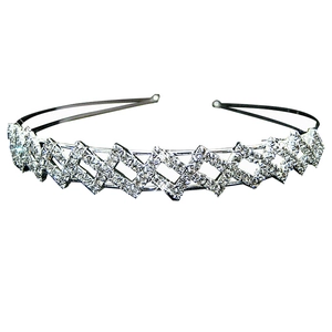Elegant silver rhinestone crown headband with geometric diamond pattern for wedding and party