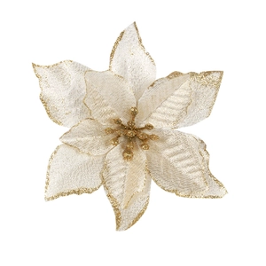 Artificial champagne gold mesh Christmas flower with glitter edges for holiday decoration