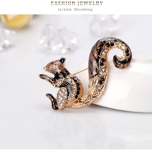 Macro detail of enamel squirrel brooch with sparkling crystals and leopard pattern