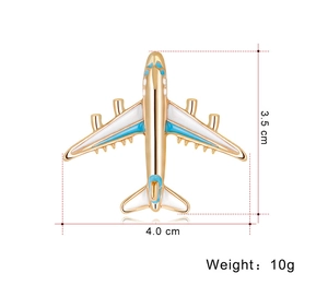 Detail view of cartoon airplane brooch with dimensions 4.0cm wing and 3.5cm length