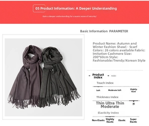 Detailed chart of cashmere feel scarf size 200x60cm with fringe and soft texture