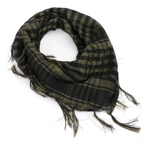 Detail of army green tactical scarf featuring classic check pattern and fringe tassels