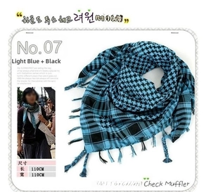 Tactical desert scarf detail showing 110cm square size with fringe and blue houndstooth pattern