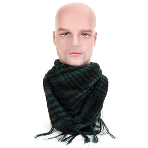 Front view of army green tactical shemagh scarf with fringes and plaid pattern texture