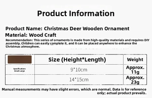 Detailed size chart for DIY wooden Christmas reindeer ornaments with weight information
