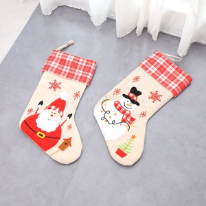 Linen Christmas stockings with Santa and Snowman embroidery and red checkered trim