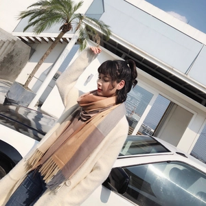 Women's plaid cashmere-like knit scarf with long tassels for winter outdoor style