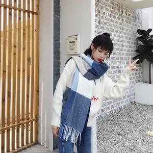 Detail of blue and beige plaid faux cashmere scarf featuring decorative long tassels