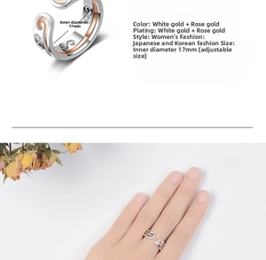 Detail view of bicolor adjustable open ring with engraved patterns and 17mm inner diameter