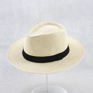 Men's wide brim straw sun hat with black ribbon band for outdoor beach sun protection