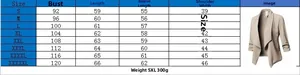 Size chart table for women's blazer showing bust, length, sleeve, and shoulder measurements