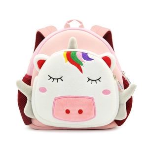 Pink unicorn kids backpack made of diving material with 3D wings and plush cartoon design