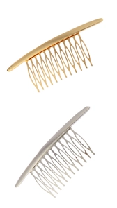 Détail de peignes à cheveux incurvés à 10 dents en alliage métallique poli or et argent