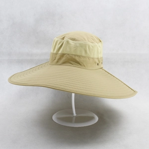Khaki wide brim outdoor sun hat with breathable mesh and adjustable windproof chin strap