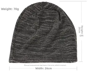 Close-up of dark grey knitted beanie showing 26x26cm size and 70g weight details