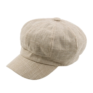 Classic plaid newsboy hat in light coffee and white textured woven fabric on white background