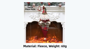 Close-up of Santa Claus plush ornament with red and green plaid hat by a cozy fireplace