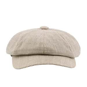 Classic plaid newsboy hat with textured check pattern and top button in beige