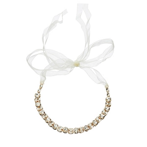 Close-up of sparkling rhinestone headband with elegant white ribbon bow tie detail