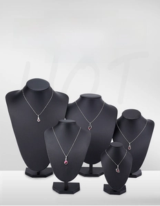 Detailed set of five black matte portrait necklace display stands in tiered heights