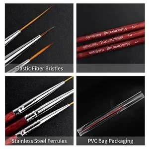 Professional 3-piece nail art liner brush set with ultra-fine tips and red wooden handles