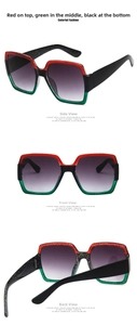 Three-view detail of square glitter sunglasses with tricolor frame and gradient lenses