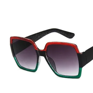 Oversize square glitter sunglasses with red green black gradient frame and gray lenses