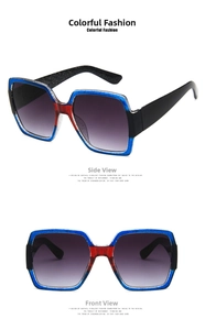 Detailed view of square chunky sunglasses with tricolor glitter frames and gradient lenses