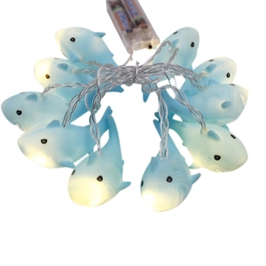 Blue shark-shaped LED string lights with warm yellow glow and transparent battery box