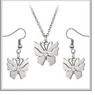 Detailed view of the three-piece butterfly jewelry set with hollow metal necklace and earrings
