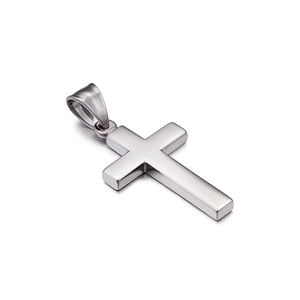 Polished silver stainless steel cross pendant in a minimalist design on white background