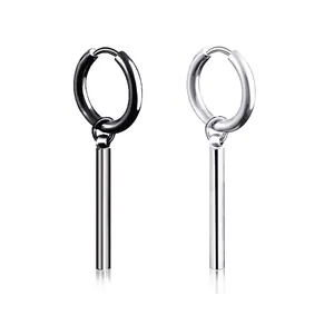 Titanium steel hoop earrings with long cylindrical pendants in black and silver finishes
