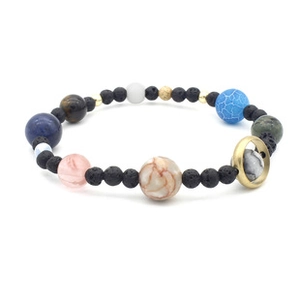Detail view of 8mm matte solar system bracelet with natural stones and gold Saturn ring bead