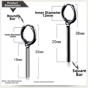 Detailed product dimensions for black stainless steel hoop earrings with long bar pendants