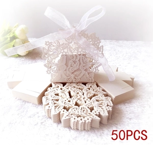 Detailed laser-cut butterfly wedding candy box in ivory paper with white ribbon, 50pcs set