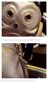Close-up of champagne gold owl backpack featuring metallic studs and precise stitching
