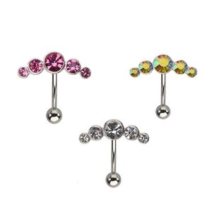 Three gradient rhinestone navel rings in pink, AB rainbow, and clear white on white background