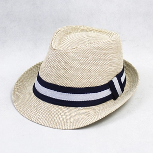 Classic Panama straw hat in beige with navy and white striped ribbon for summer sun protection