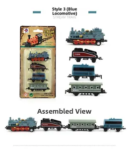 Detailansicht des Dampfzug-Sets aus Metall mit blauer Lokomotive und verbundenen Waggons