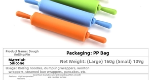 Silicone rolling pin set in various colors with a detailed product specification chart