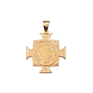 Men's gold titanium steel Saint Benedict cross pendant with religious engraving details