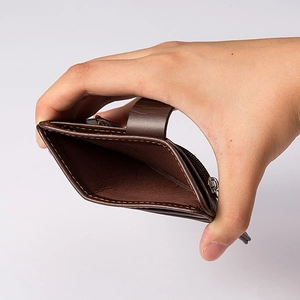 Slim dark brown PU leather card holder wallet for men featuring secure zipper and stitching