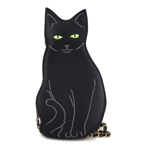 Chic black cat shaped crossbody bag with gold chain strap and green eyes for women