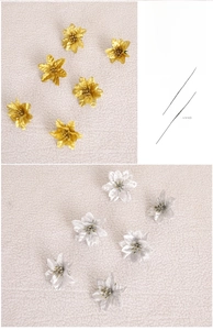 Detailed view of 6cm artificial gold and silver Christmas flowers for festive tree decoration