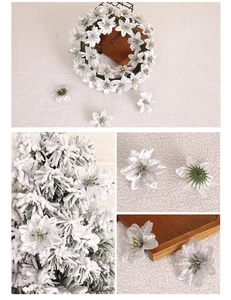 Macro detail of silver artificial Christmas flower with glitter mesh petals and green calyx