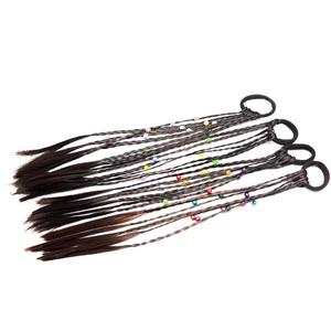 Set of 4 kids colorful beaded hair braid extensions on dark brown hair ties