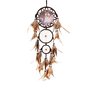 Indian dream catcher wall hanging featuring a wolf print and natural feathers on white background