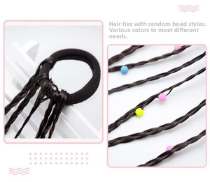 Detail of children's hair elastic with dark brown braids and colorful plastic beads